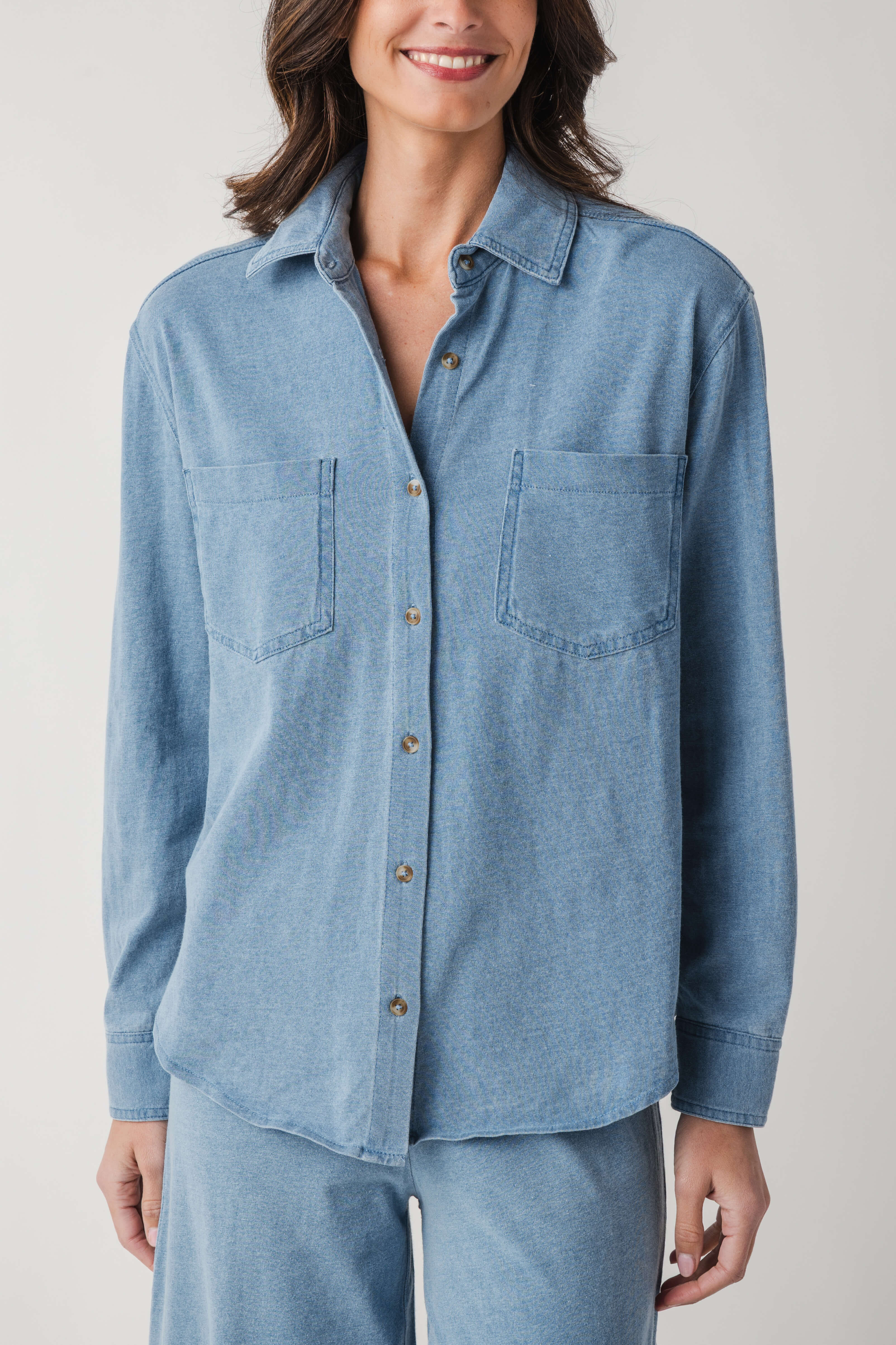 Z Supply Reese Jersey Denim Button Up | Social Threads