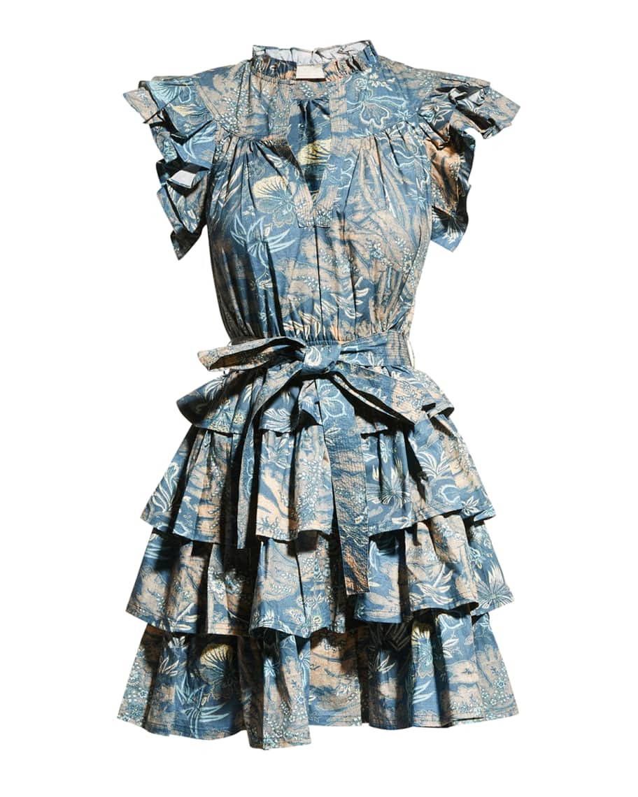 Lulua Frill-Sleeve Tiered-Ruffle Mini Dress | Neiman Marcus