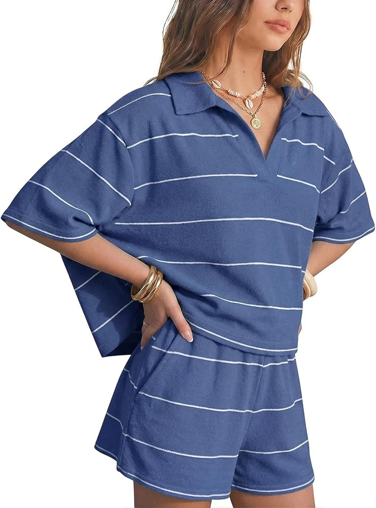 EXLURA Women Summer 2 Piece Outfits Faux Cashmere Sweater Knit Oversized Polo V Neck Top Matching... | Amazon (US)