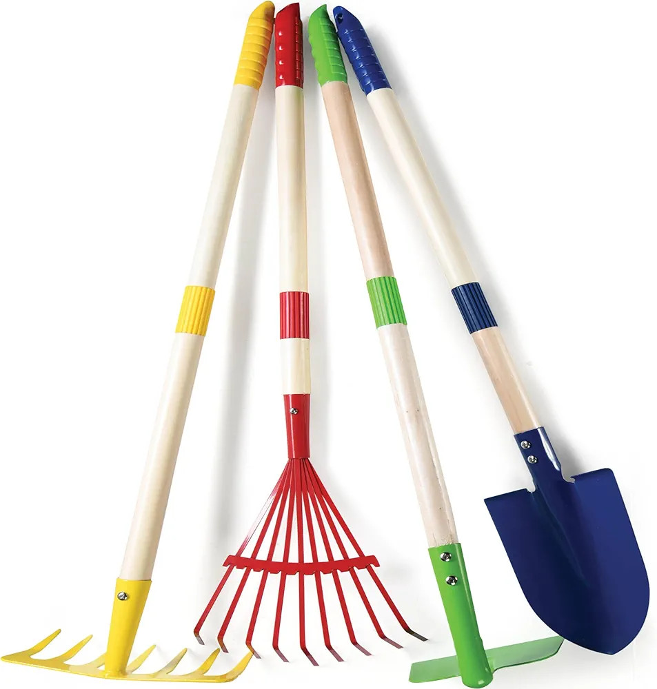 Play22 Kids Garden Tool Set Toy 4-Piece - Shovel, Rake, Hoe, Leaf Rake, Wooden Gardening Tools fo... | Amazon (US)