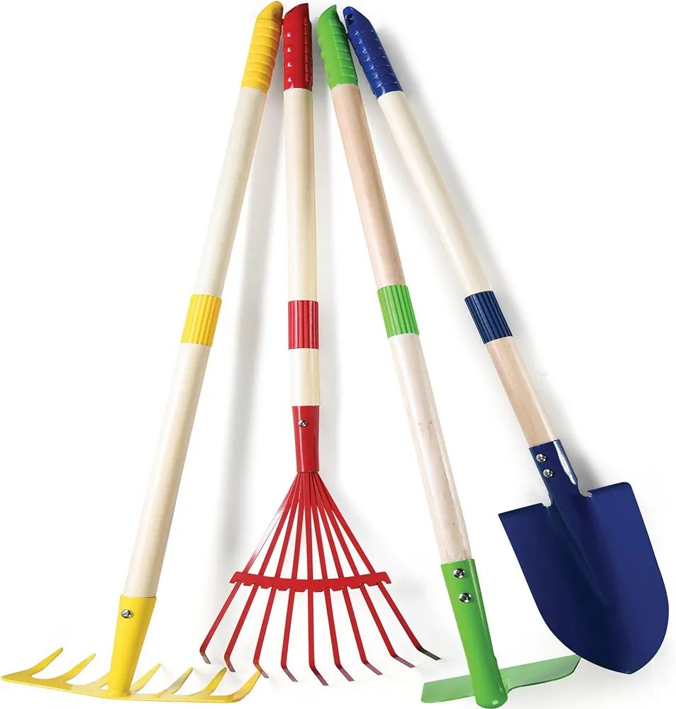 Play22 Kids Garden Tool Set Toy 4-Piece - Shovel, Rake, Hoe, Leaf Rake, Wooden Gardening Tools fo... | Amazon (US)