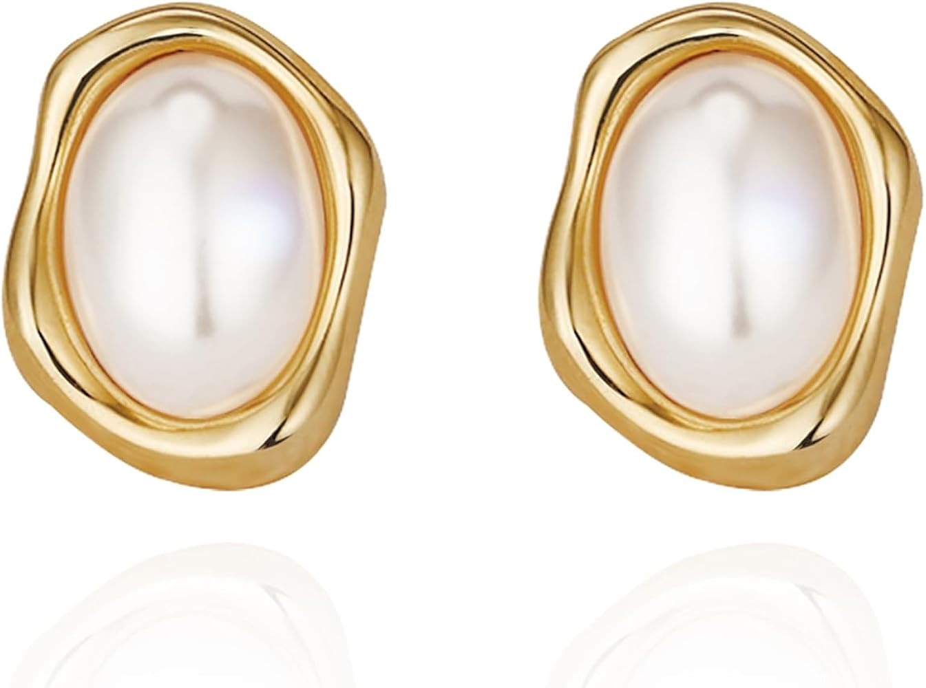 Vintage Pearl Earrings Chunky 14K Gold Plated Pearl Earrings for Women Oval Stud Non Tarnish | Amazon (US)