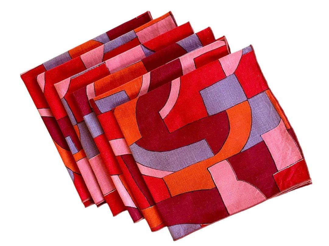 Vintage Set of SIX Pop Art Abstract Design Cotton DINNER NAPKINS / Good Condition / Reds, Oranges... | Etsy (US)