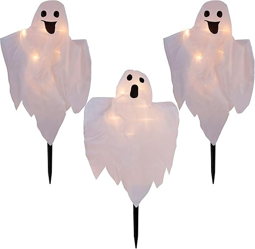 Halloween Decorations, 3 Pack 26 Inch Lighted White Ghost Stakes, Cloth Ghosts with 20-Count Inca... | Amazon (US)