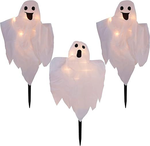 Halloween Decorations, 3 Pack 26 Inch Lighted White Ghost Stakes, Cloth Ghosts with 20-Count Inca... | Amazon (US)