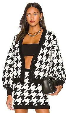 Alice + Olivia Zelina Houndstooth Deep V Cardigan in Black & Soft White from Revolve.com | Revolve Clothing (Global)