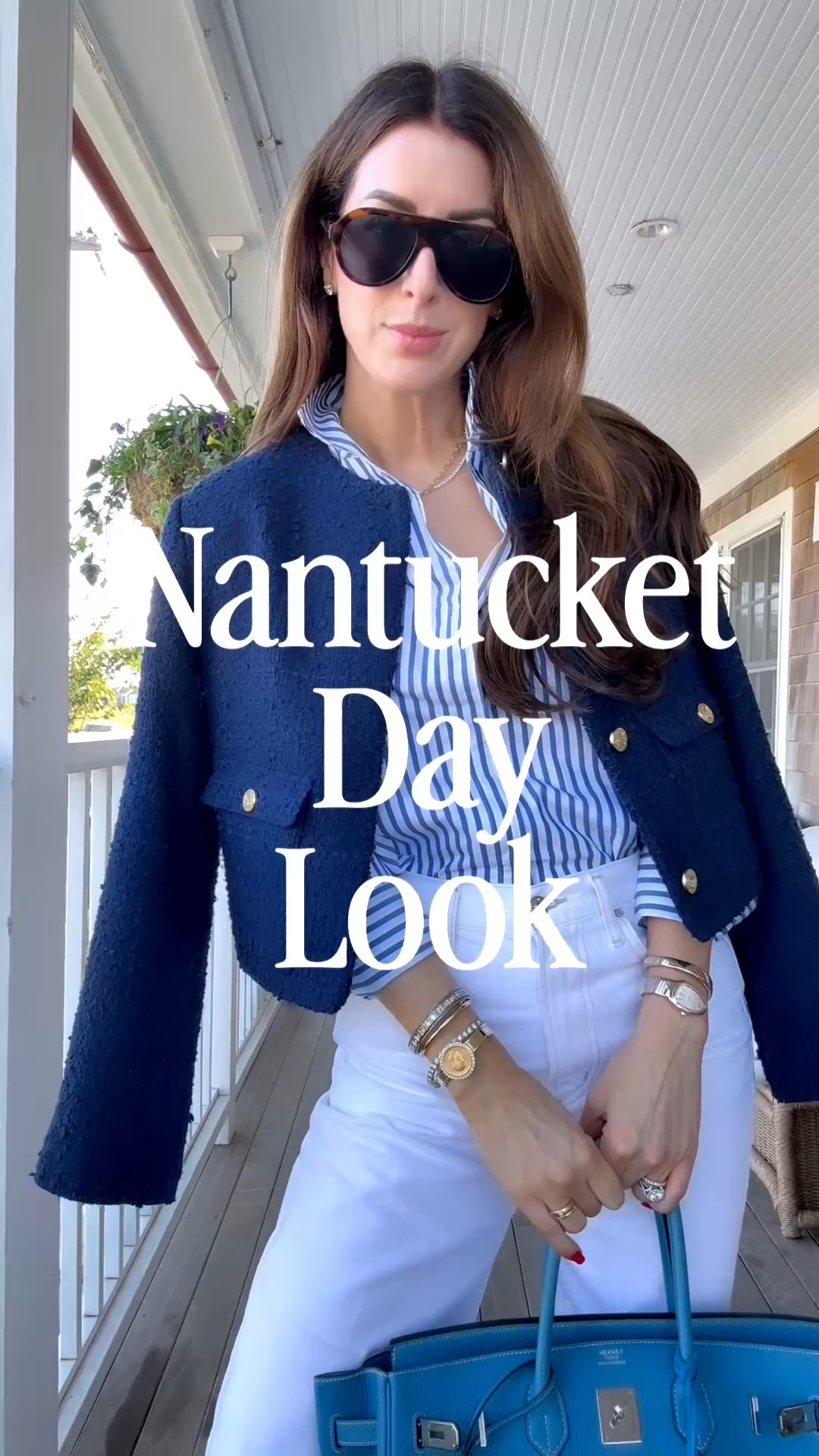 Nantucket, in a look that felt right for the trip. The Tuckernuck Bessett top in blue stripe was the perfect choice—I’ve shared it in white and blue before, but the stripe won me over this time. I’m wearing a small and its truly the elevated basic we all want - this collar makes all the difference! 

I paired it with a cropped tweed blazer I found last year at Abercrombie & Fitch (yes, really) and I did find one on Poshmark and linked several similar ones below. I have been loving the barrel jean trend and I'm wearing a 26 in this pair from Citizens of Humanity. 

I finished it with a few favorite accessories from my collection and similar Chanel slingbacks, linked below. I’m always surprised by how often I reach for a denim shoe.

I'm linking everything below!  

 #LTKootd #LTKOver40 #LTKTall