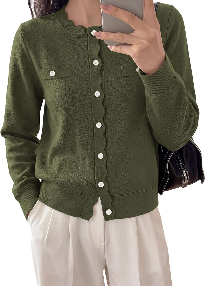 PRETTYGARDEN Womens Lightweight Cardigan Sweaters Scalloped Trim Fall Tops | Amazon (US)