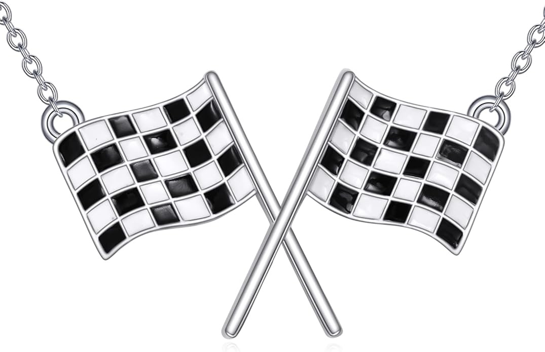 YFN Checkered Flag Necklace Sterling Silver Racing Flag Pendant Necklace Black and White Race Car... | Amazon (US)