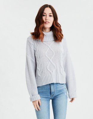 AE Cropped Cable Knit Turtleneck Sweater | American Eagle Outfitters (US & CA)