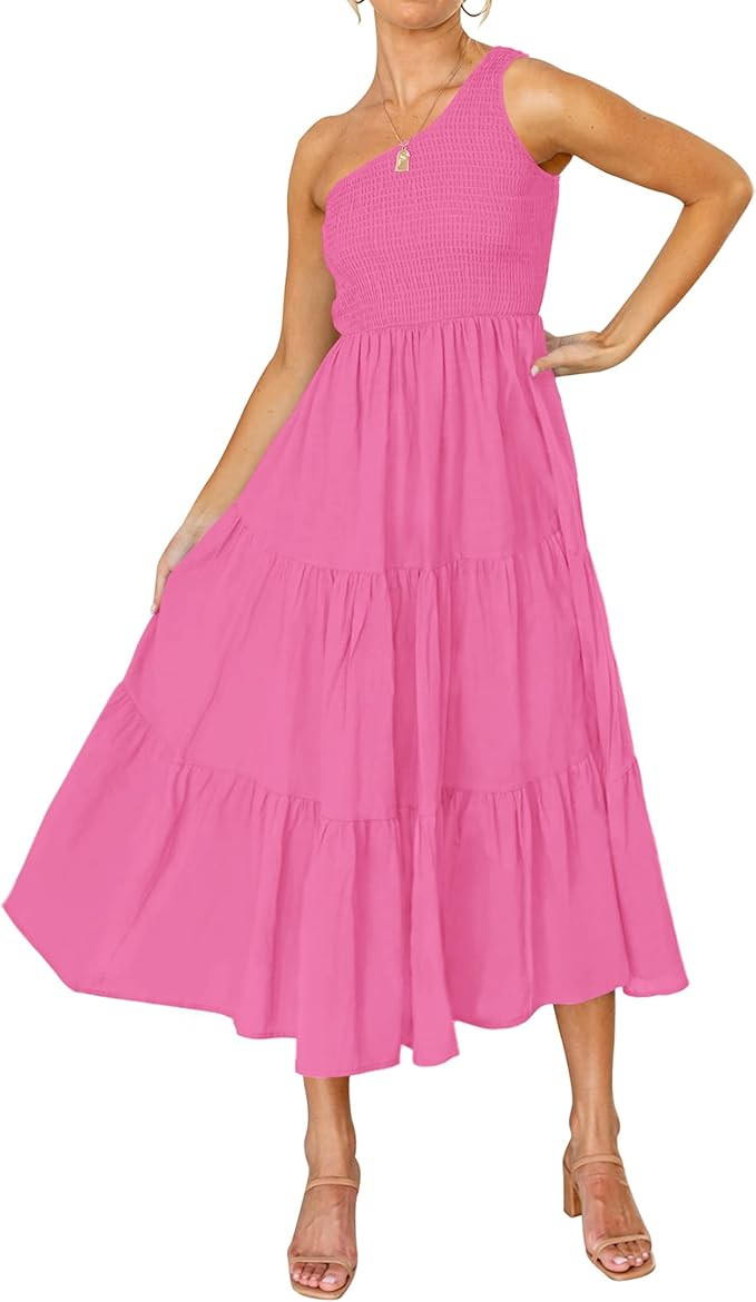 ZESICA Women's 2026 Bohemian Summer Floral Print One Shoulder Sleeveless Smocked Ruffle Tiered Be... | Amazon (US)