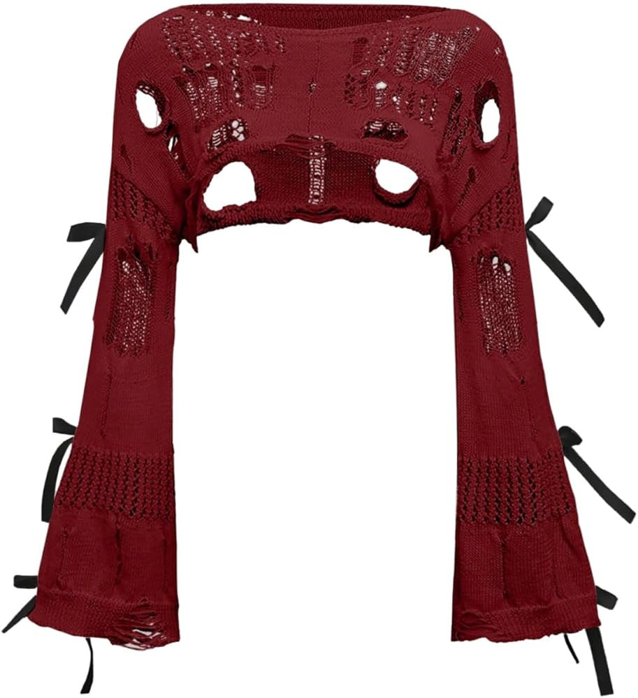 Women's Crochet Bolero Shrug Hollow Out Ripped Bow Crop Top Goth Grunge Bell Sleeve Sweater | Amazon (US)