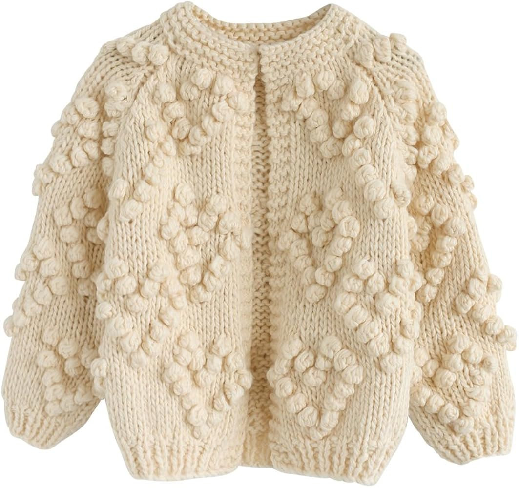 Women's Soft Heart Shape Balls Hand Knit Open Front Hot Pink/Ivory/Lavender/Pink/Army Green/Wine ... | Amazon (US)