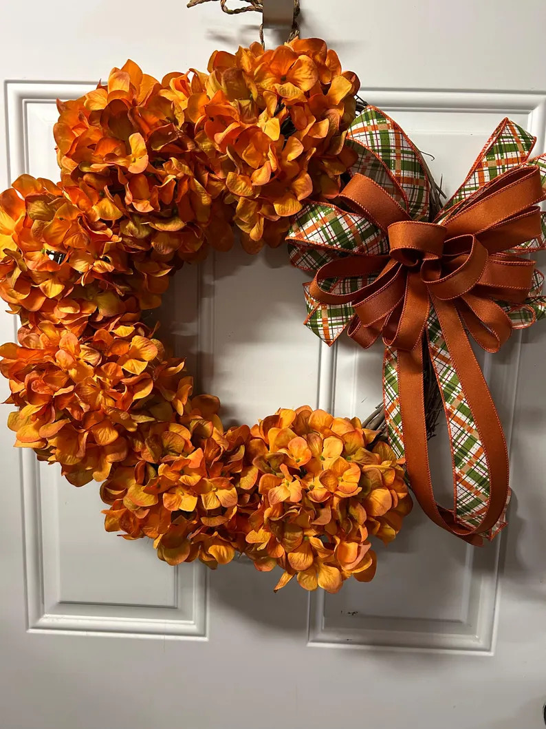 Fall Hydrangea Wreath: Rust Orange Door Decor - Etsy | Etsy (Global)