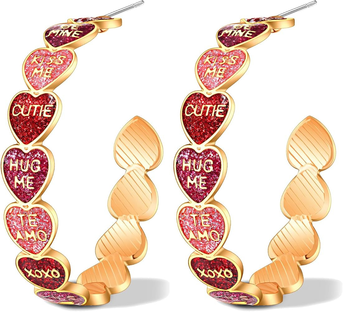 Valentine’s Day Hoop Earrings for Women LOVE XOXO Conversation Heart Earrings Romantic Large Ci... | Amazon (US)