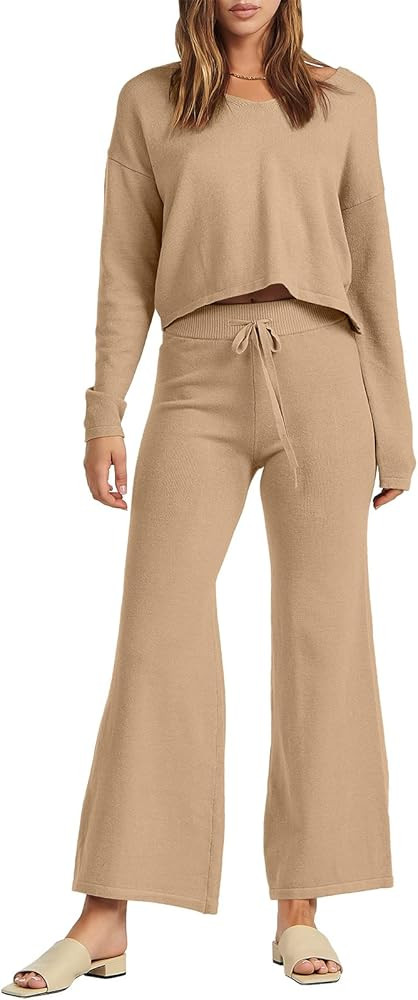ANRABESS Women’s Two Piece Outfits Long Sleeve V Neck Crop Top with High Waist Wide Leg Pants Sweate | Amazon (US)