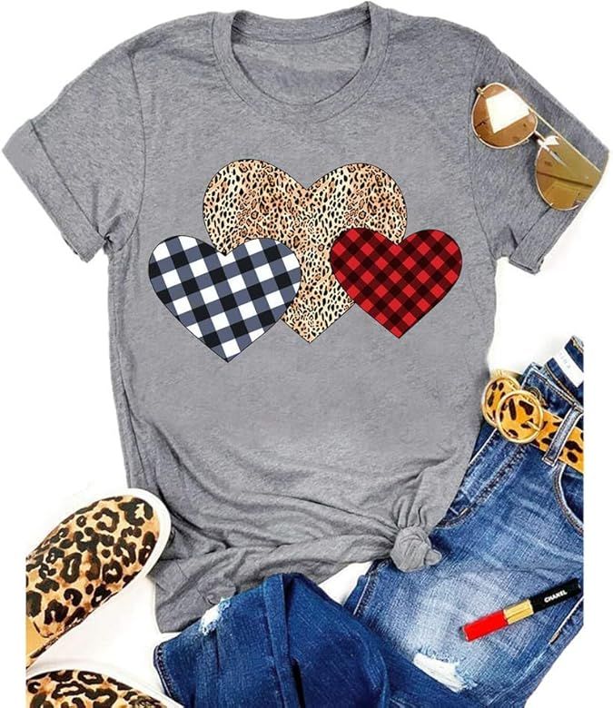 Womens Valentine's Day Funny Buffalo Plaid Leopard Love Heart Printed Shirts Short Sleeve Graphic... | Amazon (US)