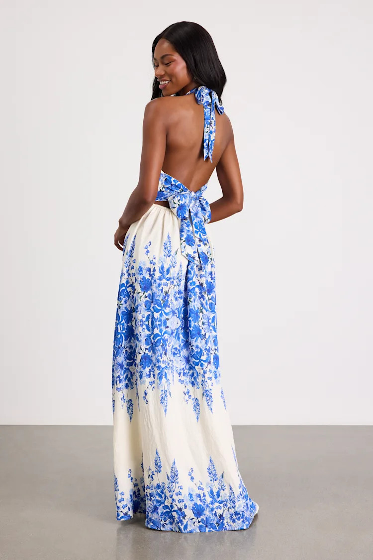 Leona Ivory and Blue Floral Halter Maxi Dress | Lulus