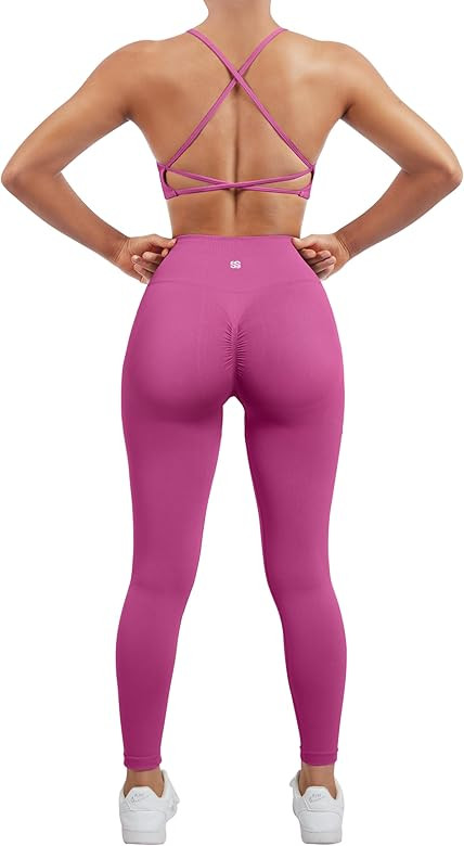 SUUKSESS Women Seamless Workout Sets Strappy Sports Bra High Waist Booty Leggings Outfits | Amazon (US)