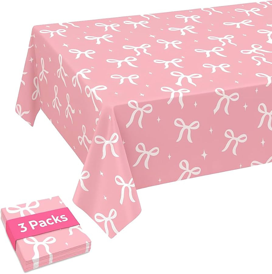 3PCS Plastic Pink Bow Tablecloths,54*108inch Large Disposable Tablecover for Birthday, Family Gat... | Amazon (US)