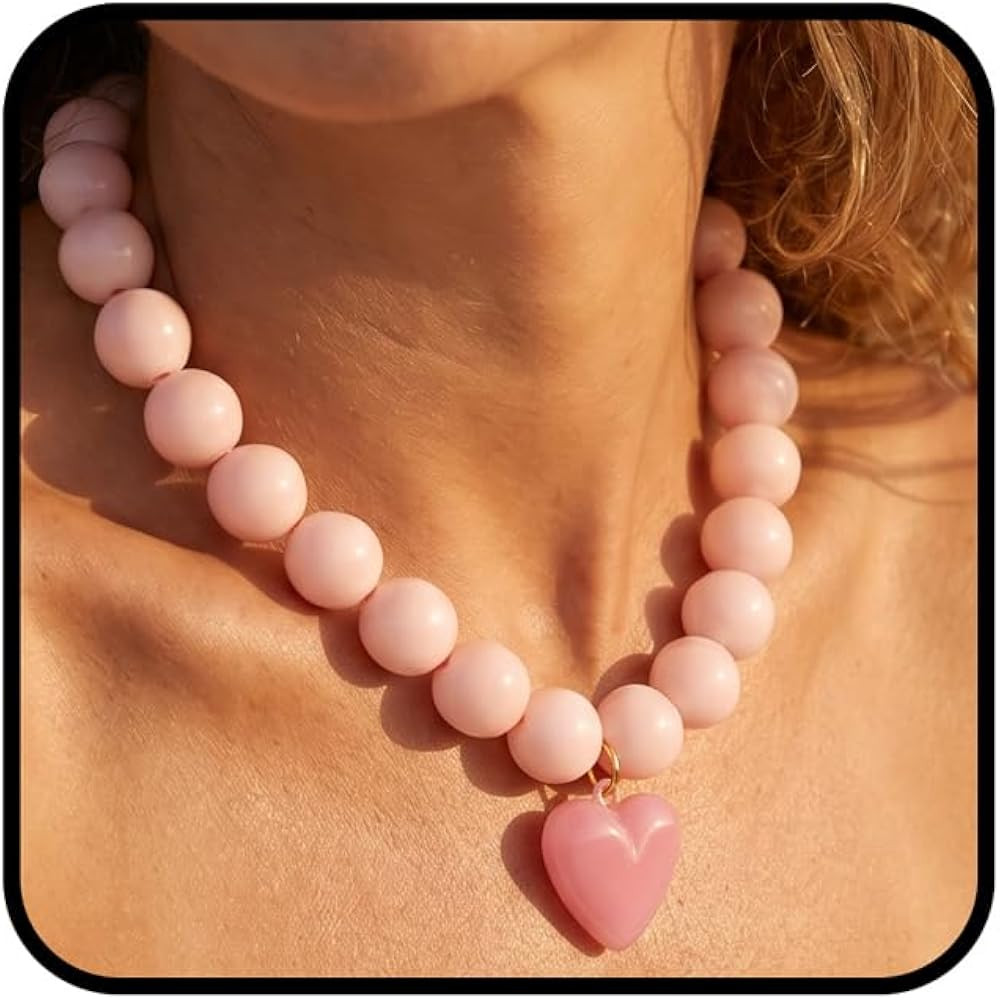 Chunky Acrylic Beaded Puffy Heart Pendant Necklace for Women, Boho Big Round Beads 2-in-1 Design ... | Amazon (US)