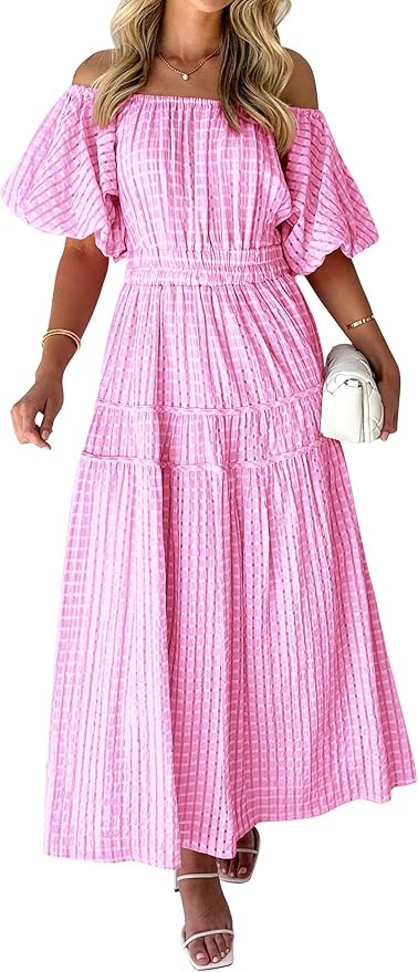 MASCOMODA Off The Shoulder Flowy Maxi Dress for Women 2024 Summer Casual Puff Short Sleeve Smocke... | Amazon (US)