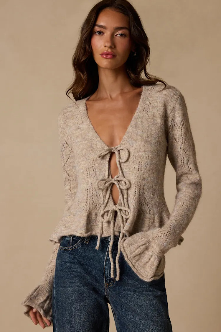 Phaedra Heather Taupe Tie-Front Cardigan | Lulus