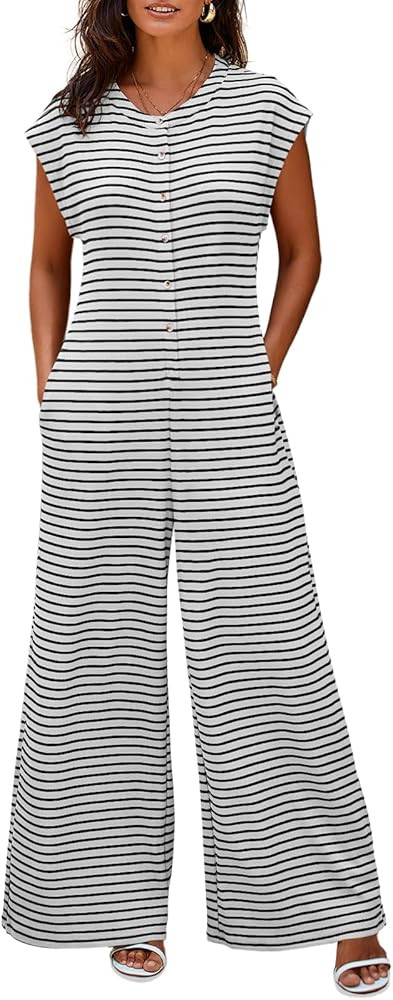 Cicy Bell Womens Casual Striped Jumpsuits Summer Cap Sleeve Wide Leg Jumper Romper Button Down Tr... | Amazon (US)