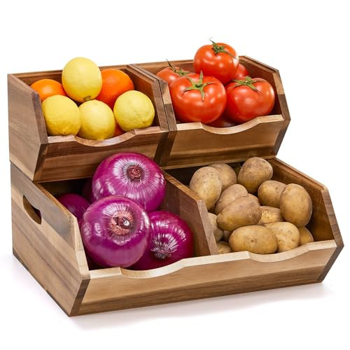 ICOHOT Acacia Wood Pantry Storage Bins, Stackable Storage Baskets Potato and Onion Storage Bins, Pantry Organizer Wooden Baskets Organization and Storage, Set 3 Pieces | Amazon (US)
