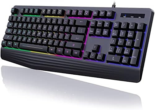 Gaming Keyboard, 7-Color Rainbow LED Backlit, 104 Keys Quiet Light Up Keyboard with Wrist Rest, M... | Amazon (US)