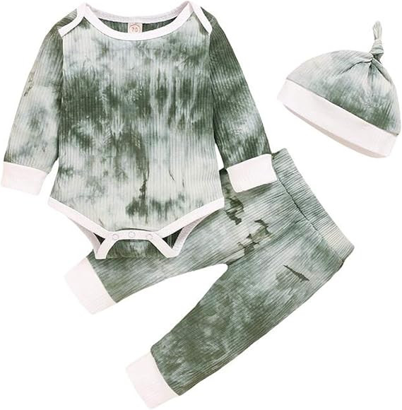topseller-hzy 0-24M Baby Tie Dye Clothes Set Jumpsuit + Pants + Hat Home Fashion Set | Amazon (CA)