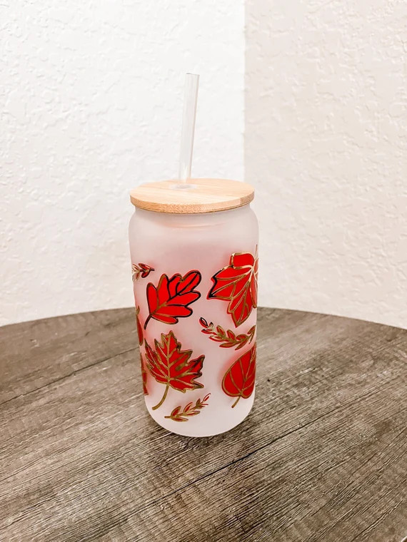 16oz Frosted Fall Leaves Harvest Cold Weather Iced Coffee Glass Tumbler | Etsy (US)