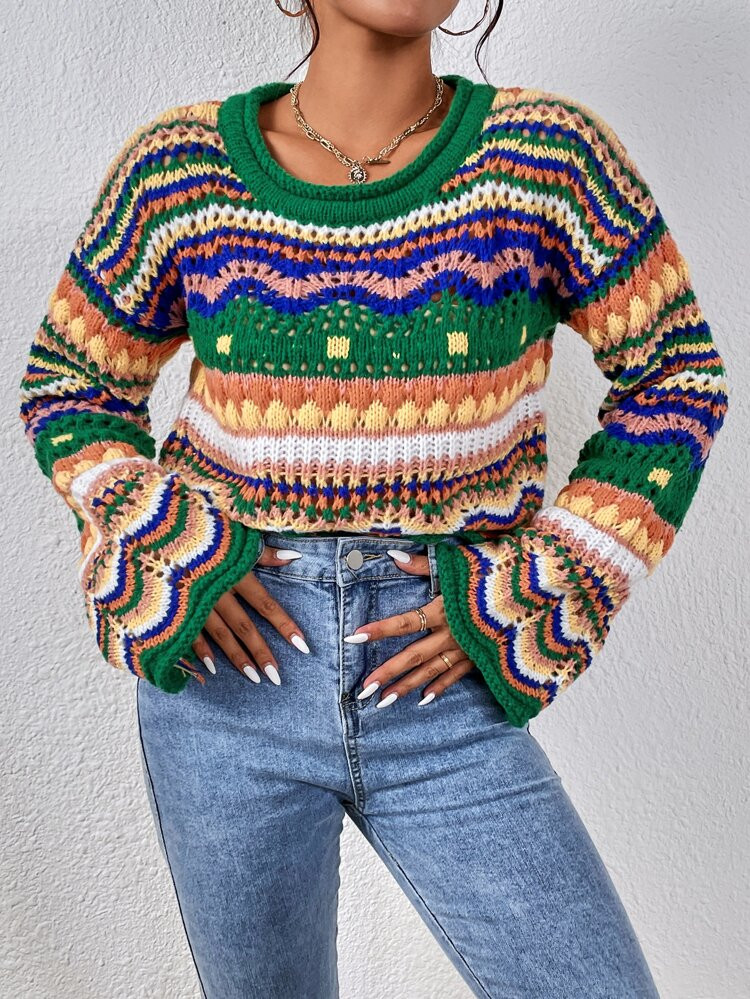Striped Pattern Pointelle Knit Drop Shoulder Sweater | SHEIN
