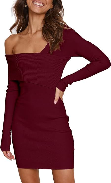 LILLUSORY Off Shoulder Sweater Dress Long Sleeve Bodycon Mini Dress Fall Ribbed Knit Dresses | Amazon (US)