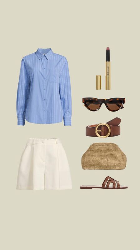 Summer holiday look featuring a blue striped shirt & white tailored shorts from my very edit, tan leather sandals, tan brown belt, cos raffia clutch bag, tortoiseshell sunglasses & hourglass glossy balm  

#LTKeurope #LTKstyletip #LTKSeasonal