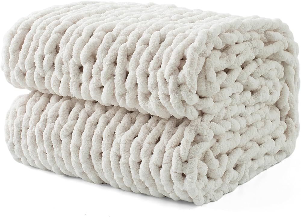LONG CREATE Chunky Knit Throw Blanket 50"X 60", 100% Handmade with Soft Chenille Yarn, 4.4lbs Thi... | Amazon (US)