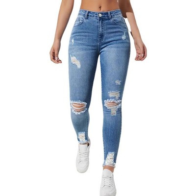 Women's High Waisted Skinny Denim Pants Distressed Rips Frayed Ankle Hems Casual Wear Blue XXL | Target