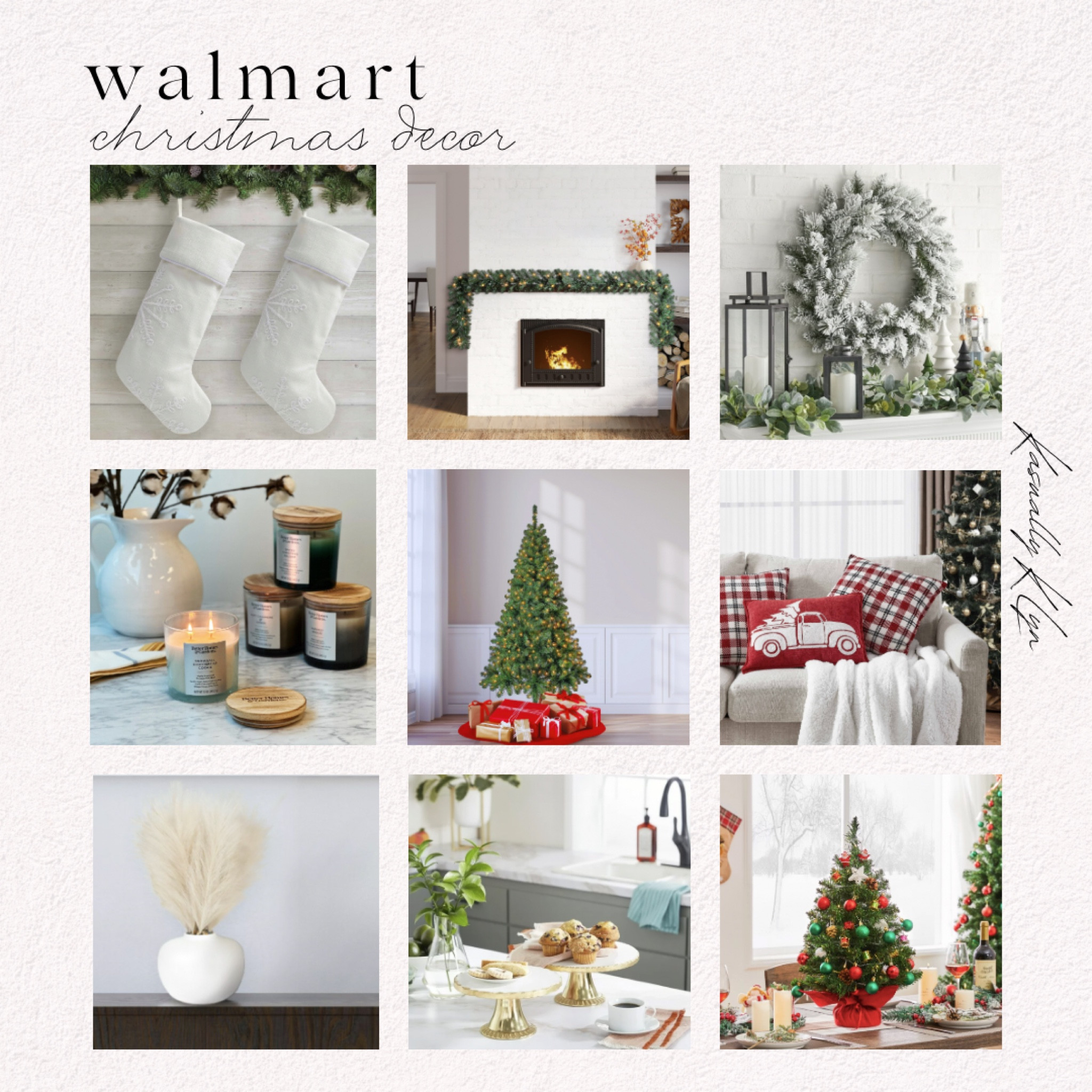 Walmart Christmas Decor! white christmas stockings, 9-foot christmas garland, artificial pampas (plant) in white round ceramic vase, scented shortbread cookie candle, white / gold marble decorative stand with gold base, multi-pack christmas throw pillows, white frosted wreath, artificial  christmas tree with clear incandescent lights, 2ft mini artificial christmas tree.

#LTKHoliday #LTKSeasonal #LTKhome