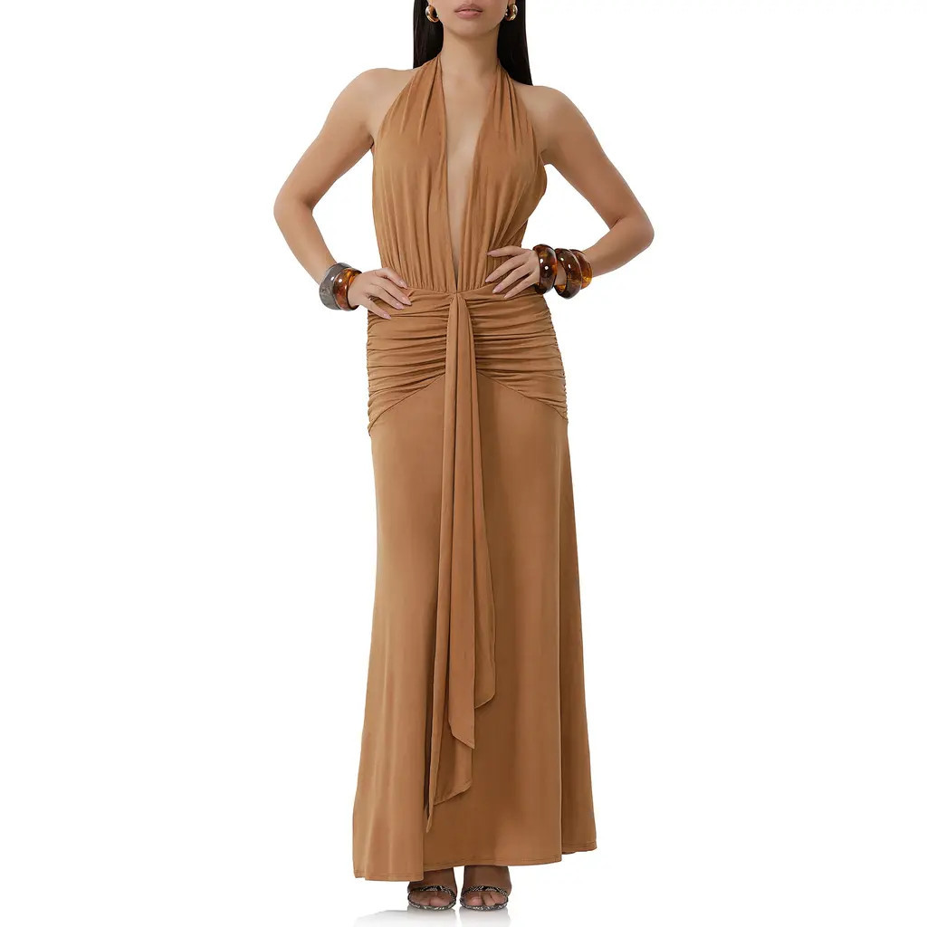 AFRM Heidi Plunge Halter Neck Faux Suede Maxi Dress in Caramel at Nordstrom, Size X-Large | Nordstrom