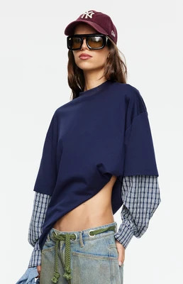 Lioness Bottega Navy Layered Contrast Sleeve Shirt | Beginning Boutique (AU)