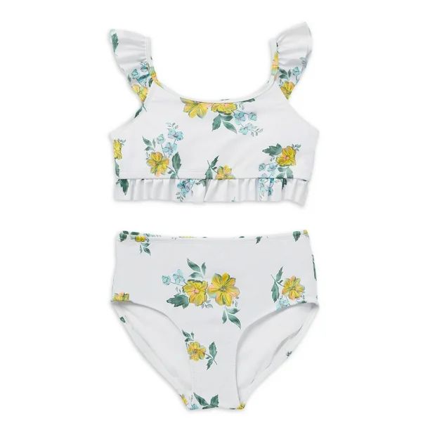 Justice Girls 2 Piece Floral Print Ruffle Swimsuit Bikini, Sizes 5-18 | Walmart (US)