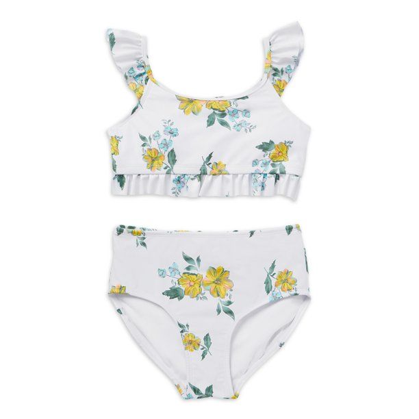 Justice Girls 2 Piece Floral Print Ruffle Swimsuit Bikini, Sizes 5-18 - Walmart.com | Walmart (US)