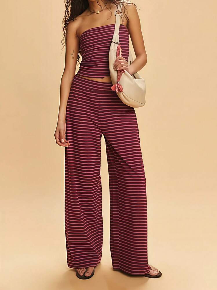 Women's 2 Piece Summer Stripe Casual Outfits Back Pleated Striped Print Bandeau Tops And Elastic Waist Wide Leg Long Pants Set Streetwear | SHEIN