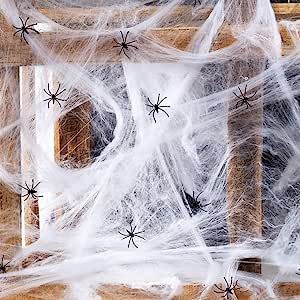 HOOJO 1000 Sqft Spider Webs Halloween Decorations with 60 Fake Spiders, Super Stretchy Spider Web... | Amazon (US)