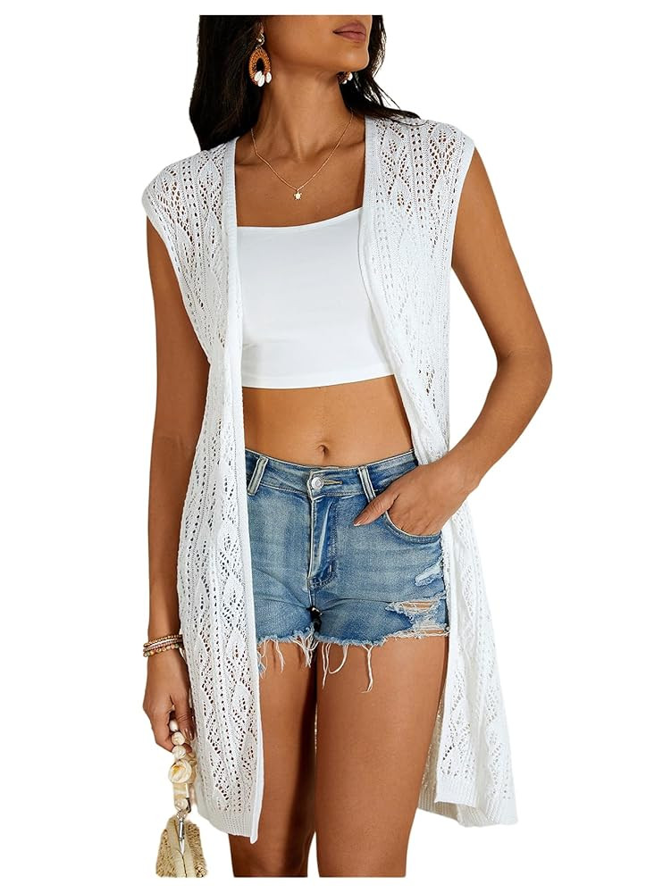 Milumia Women's Sleeveless Long Sweater Vest Crochet Knit Open Front Cardigan Hollow Out Kimono C... | Amazon (US)