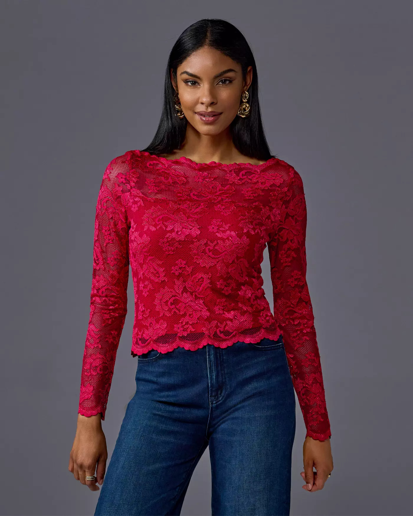 Lace Shoulder Skimming Knit Top - Red | Boston Proper | Boston Proper