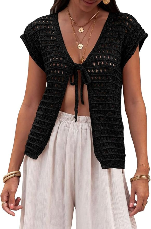 Saodimallsu Womens Tie Crochet Shrug Short Sleeve Open Front Lightweight Knit Cropped Cardigan Sw... | Amazon (US)