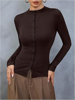 RoseSeek Women's Button Down Mock Neck T Shirts Long Sleeve Fitted Tee Tops | Amazon (US)