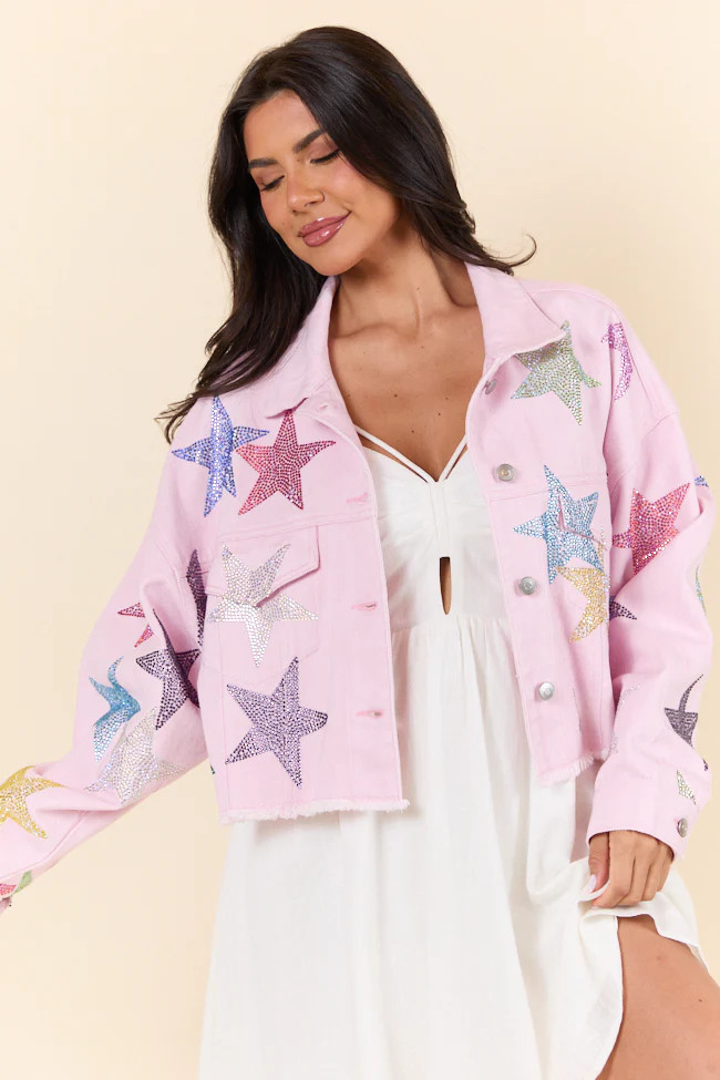 Shine Bright Light Pink Embellished Star Denim Jacket | Pink Lily