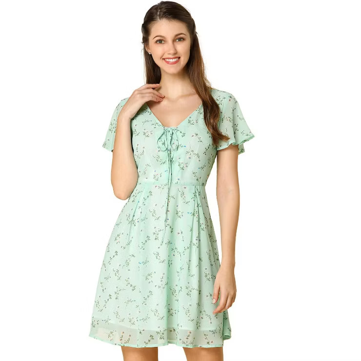 Allegra K Women's Floral Printed Spring Summer Flare Short Sleeve Lace-up V Neck Chiffon Dress | Target
